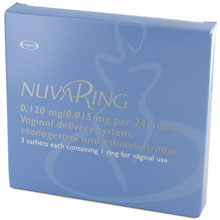 Blå eske med vaginal ring med etonogestrel og etinyløstradiol