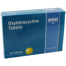 Gule tabletter med Tetracyklin 250mg i blå forpakning